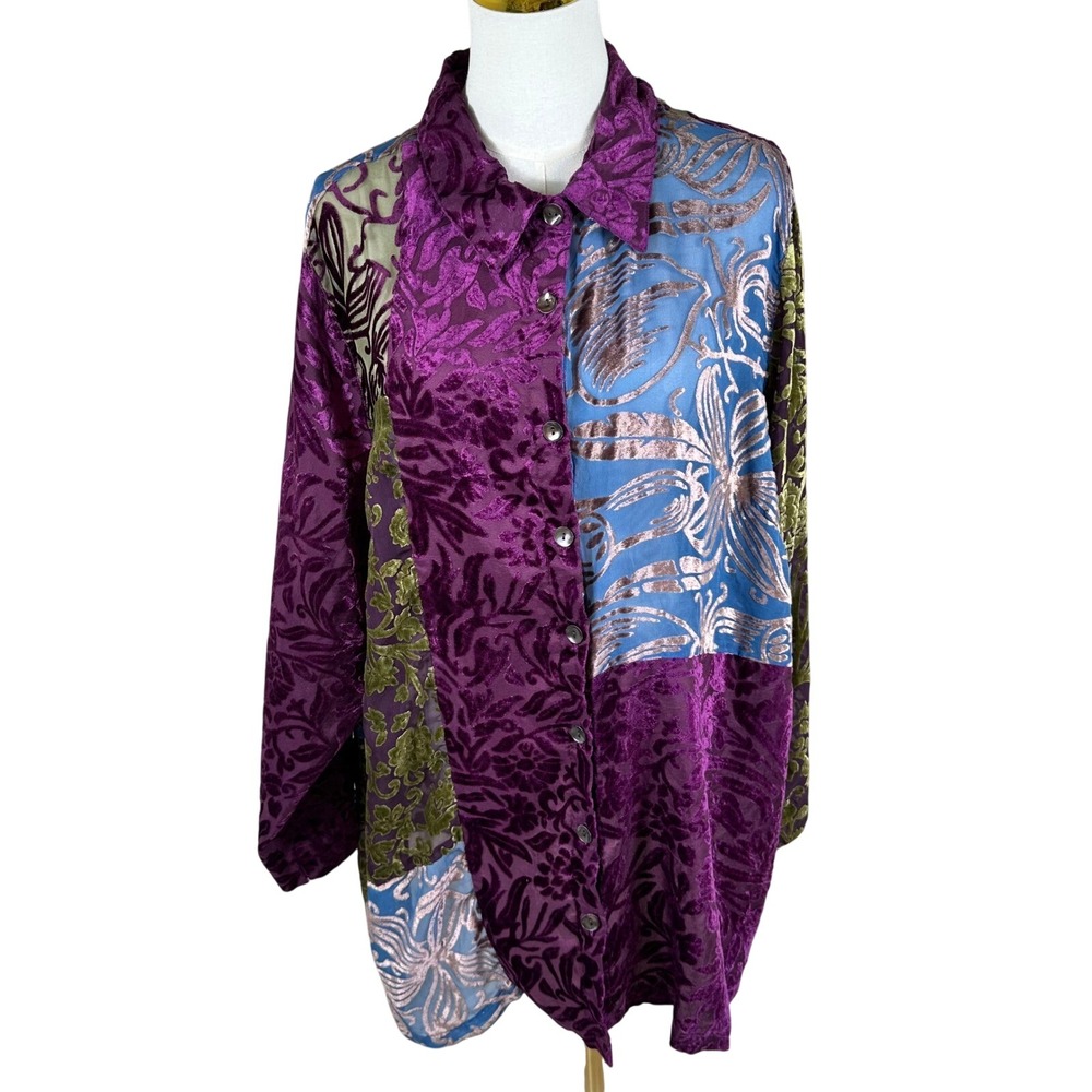 VTG‎ Stonebridge Burnout Velvet Button Down Women 1X Purple Patchwork Whimsigoth